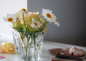 Enkle vaser med roser og margeritter